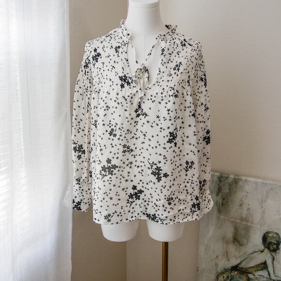 Zara Floral Star Black & White Smocked Blouse size S NWT - Picture 2 of 5